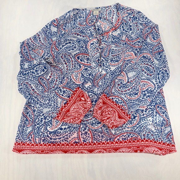 Ariat Tops - Ariat Blouse Womens Medium Blue Red Paisley Tie Neck Tunic Western Blouse